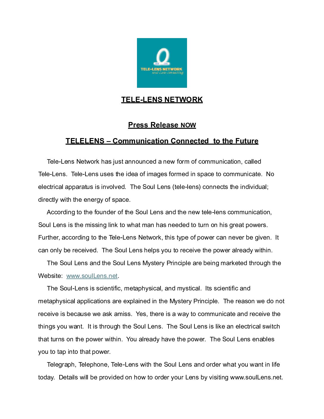 Tele-Lens Network Soul Lens Press Release